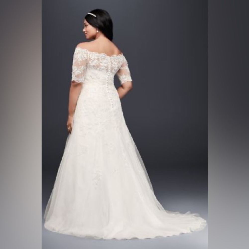David’s bridal jewel off shoulder lace wedding gown